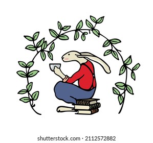 Vector illustration of hand drawn hare sitting on a bunch of books and drinking a cup of hot tea in leafy floral wreath. Beautiful ink drawing, sweet illustration