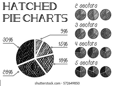 Vector illustration of hand drawn hatched pie charts with different percentage division. Vintage style.