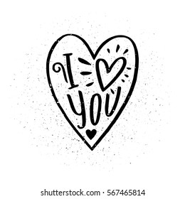 Vector illustration with a hand drawn heart. Handwritten lettering of a phrase I love you.