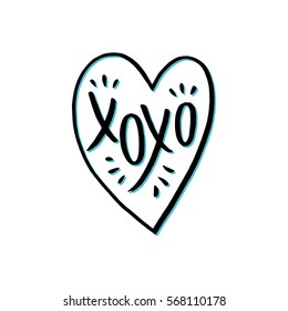 Vector illustration with a hand drawn heart. Handwritten lettering of a phrase XO XO.