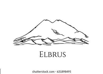 Vector illustration of hand drawn highest Europenean peak Elbrus. Ink drawing, graphic style. Perfect for travel, sport or spiritual designs.