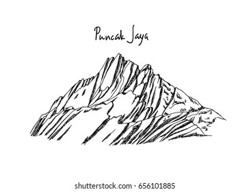 Vector illustration of hand drawn highest Indonesian mountain Jaya. Ink drawing, graphic style. Perfect for travel, sport or spiritual designs.