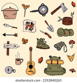 Vector illustration. Hand drawn ?amping, hiking, tourism set. Campfire, guitar, camera, chair, backpack, boots, knife, mug, lantern, compass. Background, wallpaper