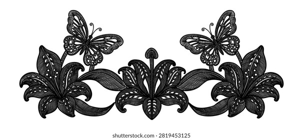 Vector illustration of hand drawn horizontal lace border decorated with lily flowers and butterflies. Elegant decorative trim in vintage style with delicate floral pattern. Retro style design for wedding decoration handmade
