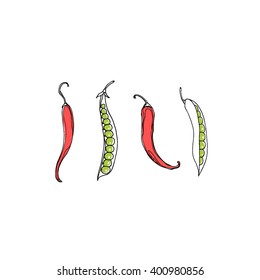 Vector illustration of hand drawn hot chili peppers and green pea pods. Vegetarian, healthy food illustration. Beautiful design elements.