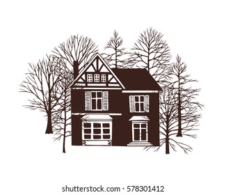 Vector illustration of a hand drawn house. Cozy scene of a sweet home surrounded by winter trees. Beautiful design elements.