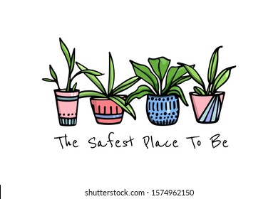 Vector illustration of hand drawn houseplants in painted pots. Ink drawing, graphic style. Beautiful design elements.