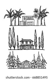 Vector illustration of hand drawn houses and trees of different climatic zones arranged in lines. Ink drawing, graphic style. Beautiful design elements.