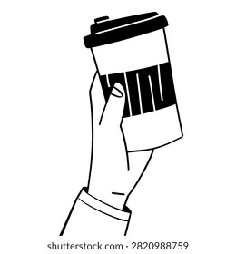 Vector illustration hand drawn of human hands holding coffee cups up in the air. For takeaway espresso paper cups, coffee break group concept, cafe banner, and packaging design.