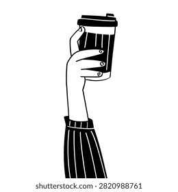 Vector illustration hand drawn of human hands holding coffee cups up in the air. For takeaway espresso paper cups, coffee break group concept, cafe banner, and packaging design.