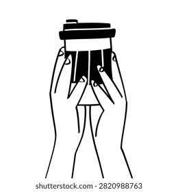 Vector illustration hand drawn of human hands holding coffee cups up in the air. For takeaway espresso paper cups, coffee break group concept, cafe banner, and packaging design.
