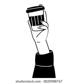 Vector illustration hand drawn of human hands holding coffee cups up in the air. For takeaway espresso paper cups, coffee break group concept, cafe banner, and packaging design.