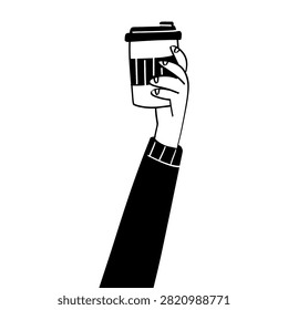 Vector illustration hand drawn of human hands holding coffee cups up in the air. For takeaway espresso paper cups, coffee break group concept, cafe banner, and packaging design.