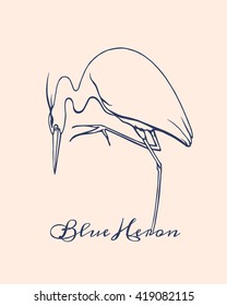 Vector illustration of hand drawn hunting blue heron. Beautiful ink drawing