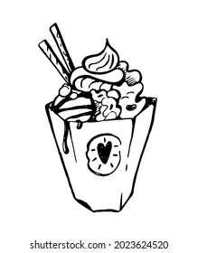 Vector illustration of hand drawn ice cream in doodle style isolated on white background.