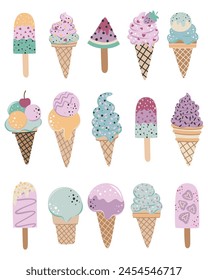 
Vector illustration with hand drawn ice cream, children's style. Can be used for printing on fabric, packaging, paper, cards, etc. Summer 2024 pattern.