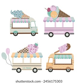 
Vector illustration with hand drawn ice cream trucks. Can be used for printing on fabric, packaging, paper, cards, etc. Summer 2024