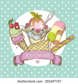 The vector illustration "hand drawn ice cream set collection" for design