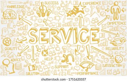 Vector illustration of hand drawn icon group with Service, Support, Quality, Help and Advice concept