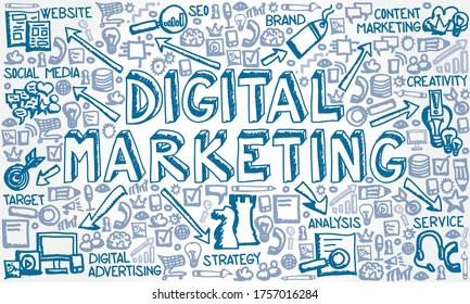 Ilustración vectorial del grupo de iconos dibujados a mano con el concepto Marketing Digital, SEO, Brand, Social Media, Target, Analysis and Service