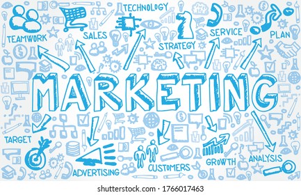 Ilustración vectorial del grupo de iconos dibujado a mano con el concepto Marketing, Target, Sales, Advertising, Technology and Customers