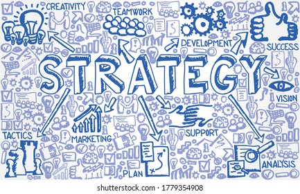 Vector illustration of hand drawn icon collection with Strategy, Tactics, Plan, Vision, Support and Teamwork concept