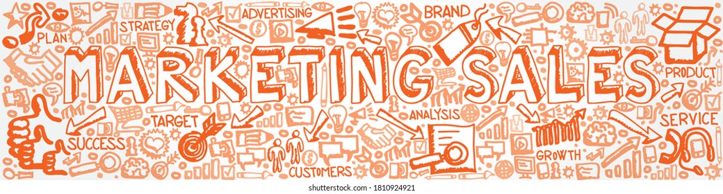 Vector illustration of hand drawn icon group with Marketing, Target, Sales, Advertising, Technology and Customers concept