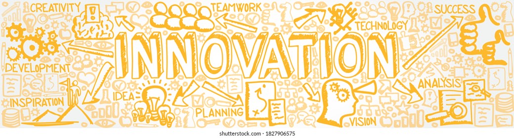 Vector illustration of hand drawn icon collection with Innovation, Inspiration, Creativity, Vision and Technology concept