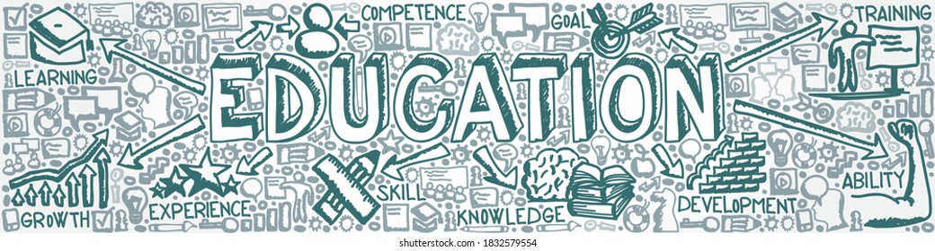 Ilustración vectorial de un grupo de íconos dibujado a mano con el concepto de Educación, Habilidad, Capacitación, Desarrollo, Crecimiento y Objetivo
