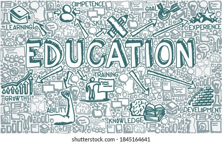 Ilustración vectorial de un grupo de íconos dibujado a mano con el concepto de Educación, Habilidad, Capacitación, Desarrollo, Crecimiento y Objetivo