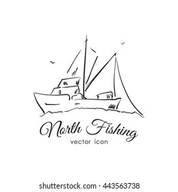 Vector illustration: Hand drawn icon with Commercial fishing boat . Line design.