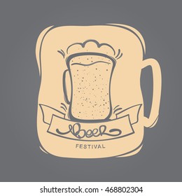 Vector illustration: Hand drawn icon with beer mug and lettering isolated on gray background.