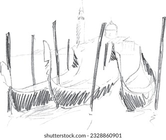 A vector illustration, of a hand drawn image of Venetian gondolas at mooring poles, black and white