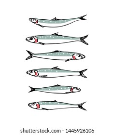 Vector illustration of hand drawn Indian Oil Sardines. Ink drawing, graphic style. Beautiful food design elements