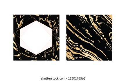 Vector illustration of hand drawn ink marbling texture. Black and gold design template for party, invitation, web, banner, birthday, wedding, business card. Abstract golden background. 