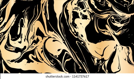 Vector illustration of hand drawn ink marbling texture. Black and gold design template for party, invitation, web, banner, birthday, wedding, business card. Abstract golden background.