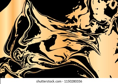 Vector illustration of hand drawn ink marbling texture. Black and gold background for party, invitation, web, banner, birthday, wedding, business card. Abstract golden background.