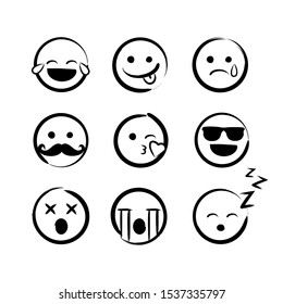 Vector illustration hand drawn ink emojis faces. Doddle emoticons sketch with differrent emotions.