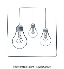 Vector illustration. Hand drawn ink sketch with three light bulbs in square frame. Symbol of idea, new solution and creativity. Graphic vintage element. Isolated on white background