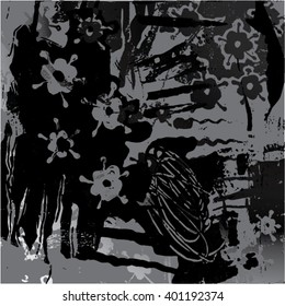 Vector illustration of hand drawn ink distressed grunge floral pattern. Black & grey flower pattern, backdrop, background.