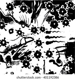 Vector illustration of hand drawn ink distressed grunge floral pattern. Black & grey flower pattern, backdrop, background.