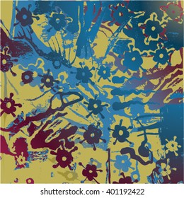 Vector illustration of hand drawn ink distressed grunge floral pattern. Colorful flower pattern, backdrop, background. Blue, purple, olive green.