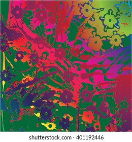 Vector illustration of hand drawn ink distressed grunge floral pattern. Colorful flower pattern, backdrop, background. Red, pink, green, yellow.