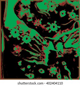 Vector illustration of hand drawn ink distressed grunge floral pattern. Colorful flower pattern, backdrop, background. Green, black, red.