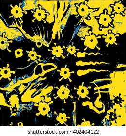 Vector illustration of hand drawn ink distressed grunge floral pattern. Colorful flower pattern, backdrop, background. Yellow, green, blue.