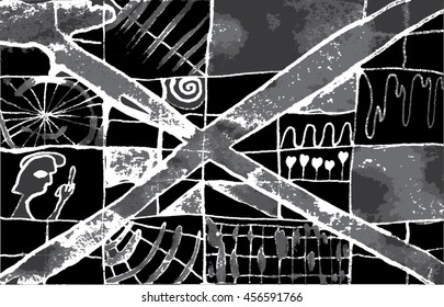 Vector illustration of hand drawn ink distressed grunge pattern. Abstract painted backdrop, background. Cross, alien, spiral, space, universe, spaceship display. Black, white, grey.
