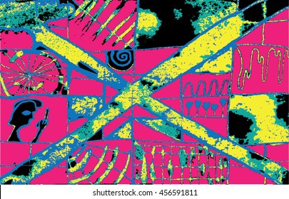 Vector illustration of hand drawn ink distressed grunge pattern. Abstract painted backdrop, background. Cross, alien, spiral, space, universe, spaceship display. Pink, yellow, black.