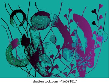 Vector illustration of hand drawn ink distressed grunge floral pattern. Abstract painted backdrop, background. Black, turquoise, purple.