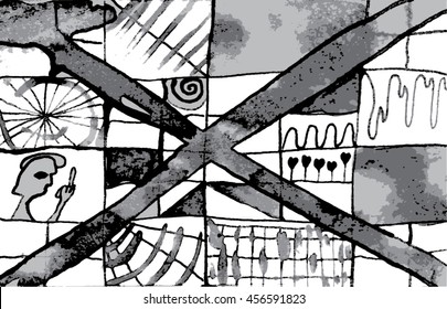 Vector illustration of hand drawn ink distressed grunge pattern. Abstract painted backdrop, background. Cross, alien, spiral, space, universe, spaceship display. Black, white, grey.