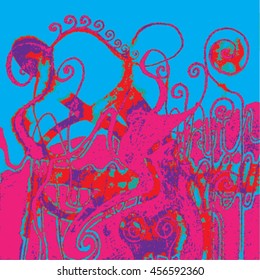 Vector illustration of hand drawn ink distressed grunge swirl pattern. Colorful backdrop, background. Pink, red, purple & turquoise.